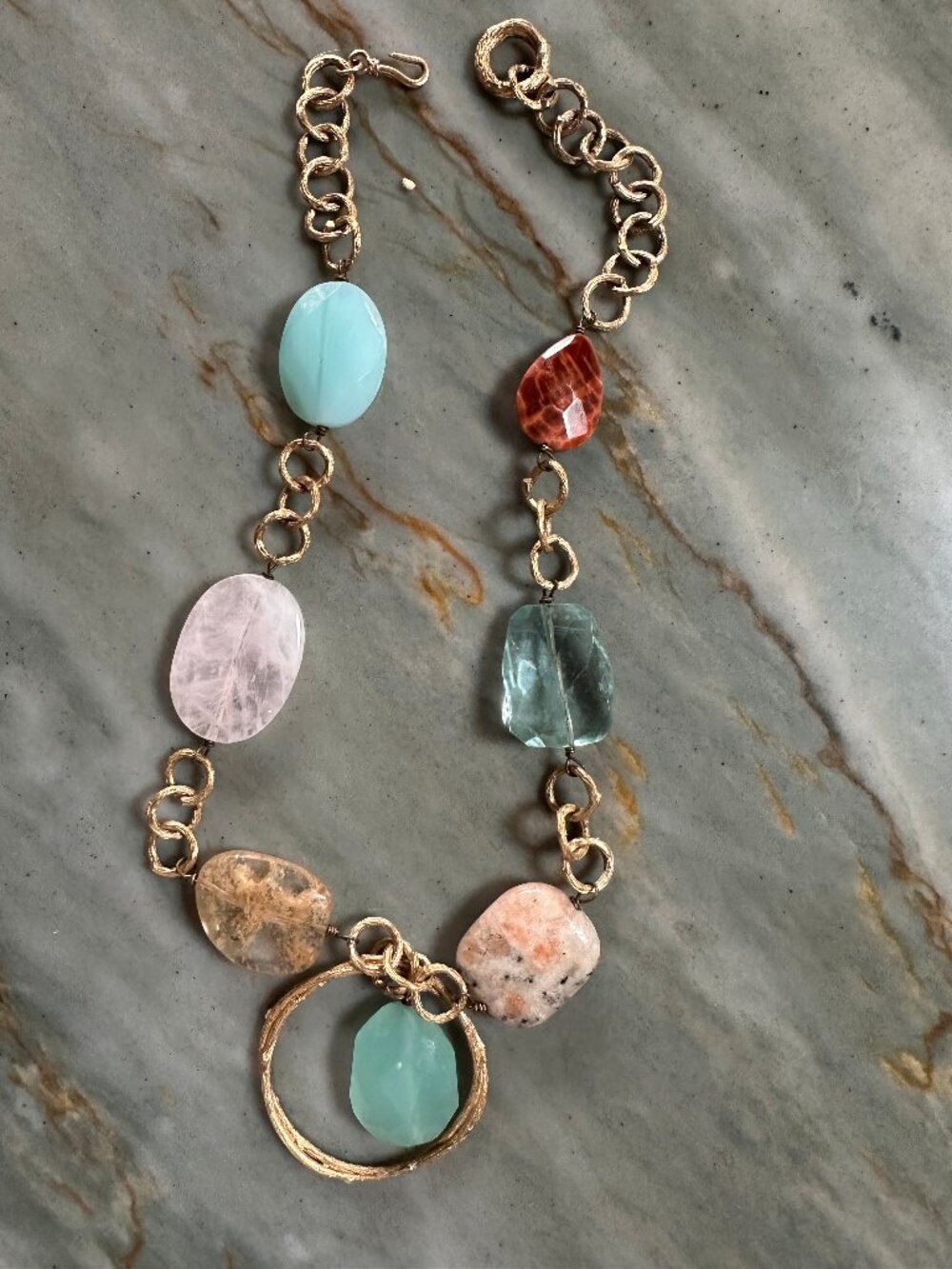 Multi-Gem Hammered Gold Statement Necklace Rose Quartz Boho